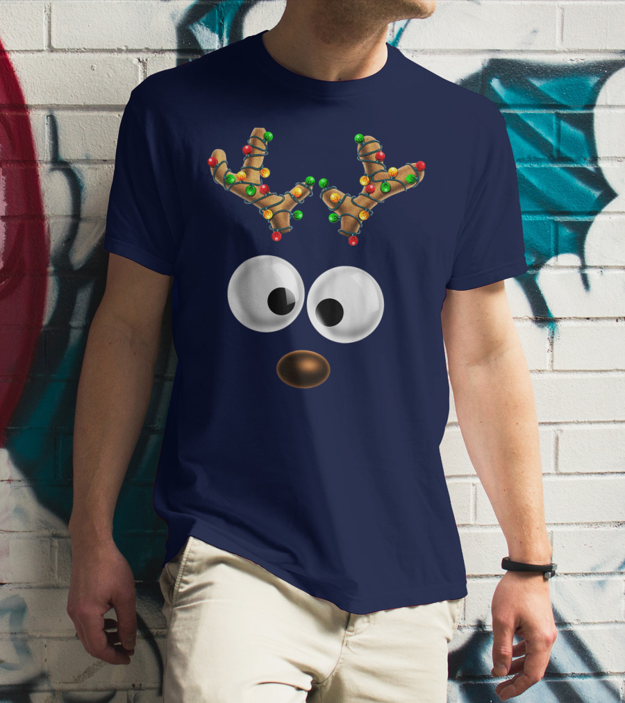 Colorful Lights Reindeer Face Christmas Matching Family T-Shirt