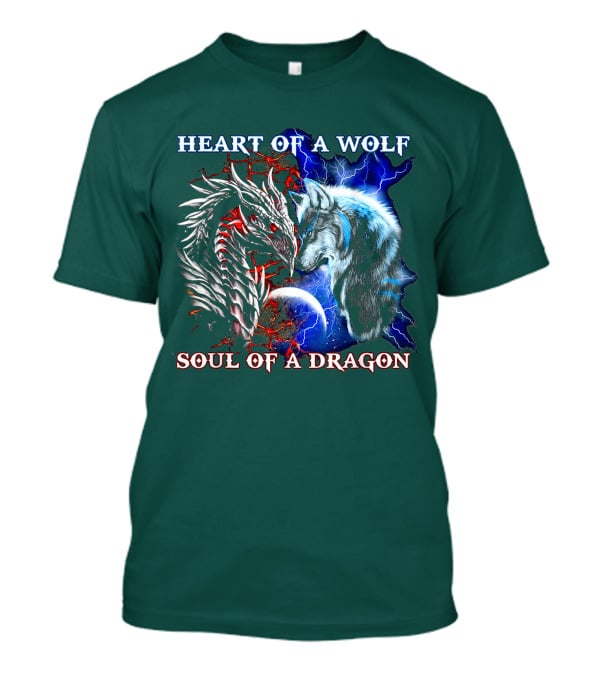 HEART OF A WOLF SOUL OF A DRAGON Wolf Dragon Lightning Planet Cracked Earth T-Shirt