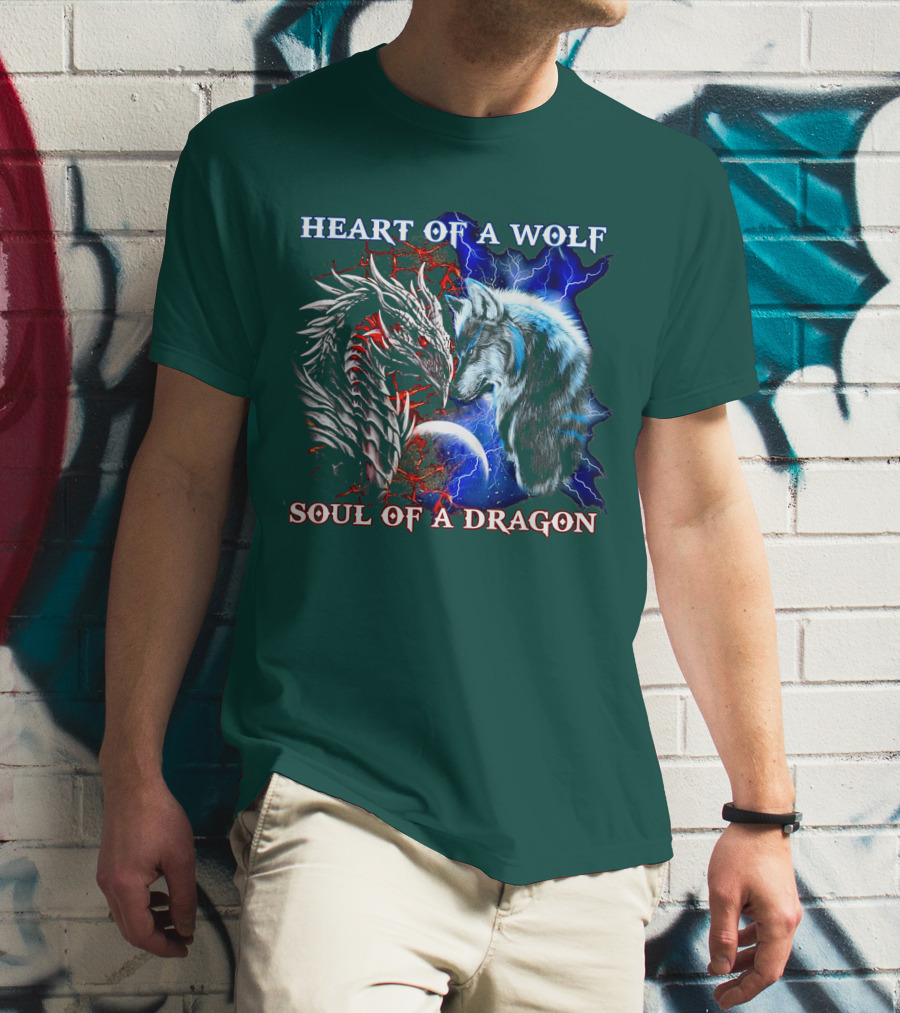 HEART OF A WOLF SOUL OF A DRAGON Wolf Dragon Lightning Planet Cracked Earth T-Shirt