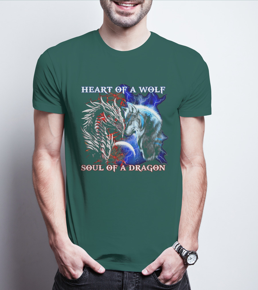 HEART OF A WOLF SOUL OF A DRAGON Wolf Dragon Lightning Planet Cracked Earth T-Shirt