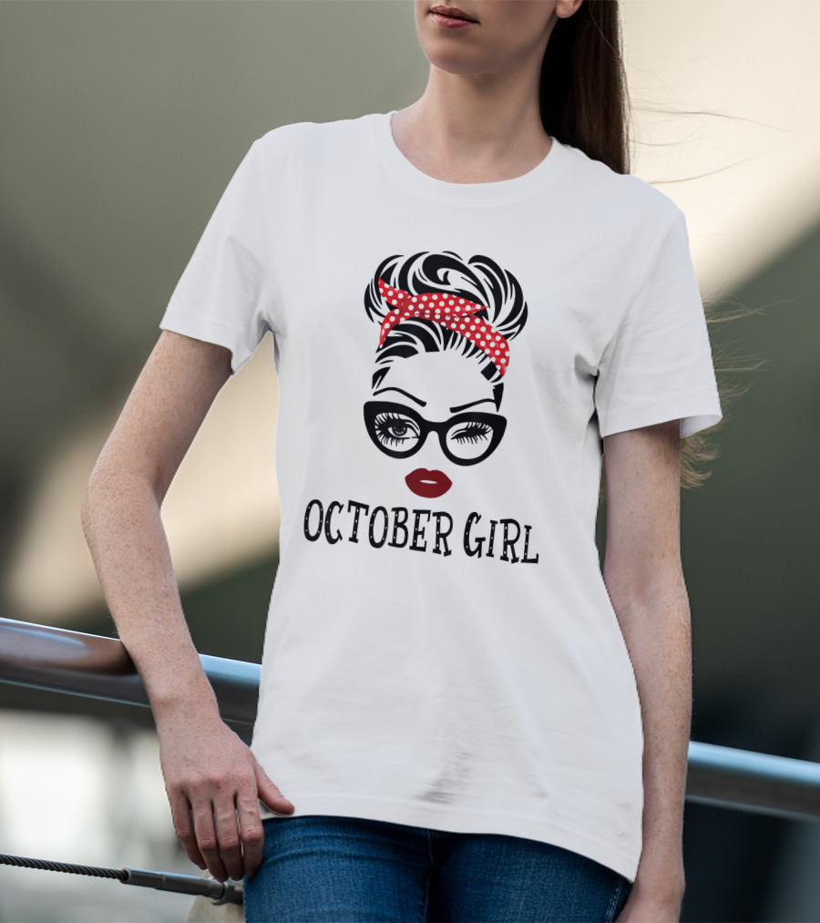 October Girl Woman Face Wink Eyes Red Lipstick Polka Dot Headband T-Shirt
