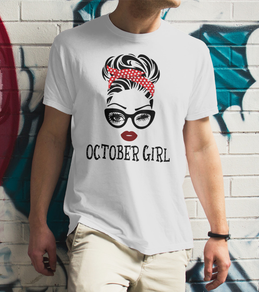 October Girl Woman Face Wink Eyes Red Lipstick Polka Dot Headband T-Shirt