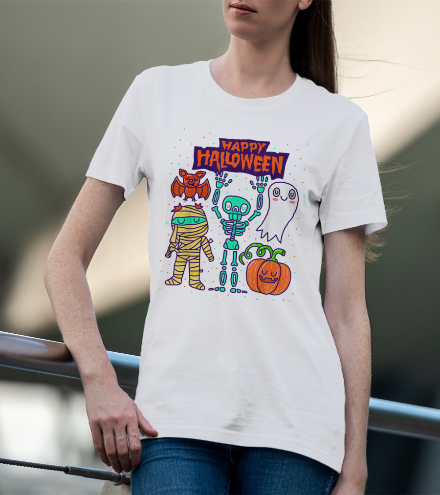 Happy Halloween Skeleton Ghost Pumpkin Mummy Bat T-Shirt