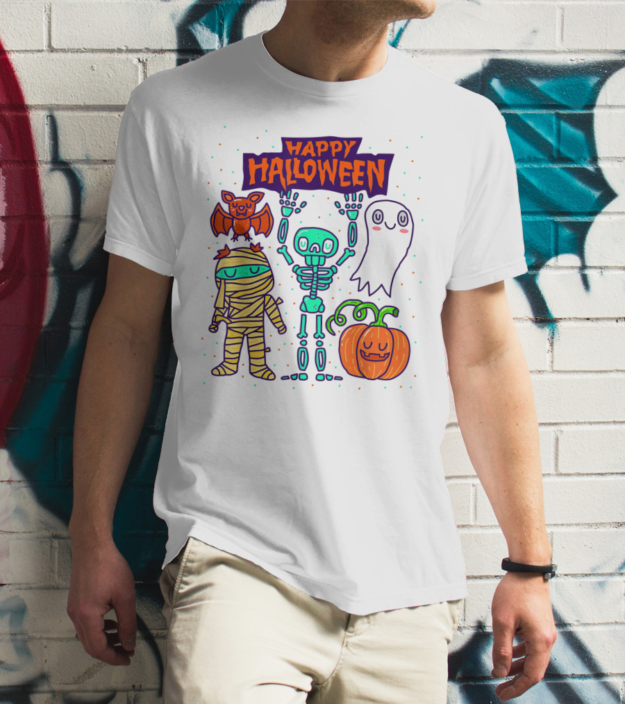 Happy Halloween Skeleton Ghost Pumpkin Mummy Bat T-Shirt