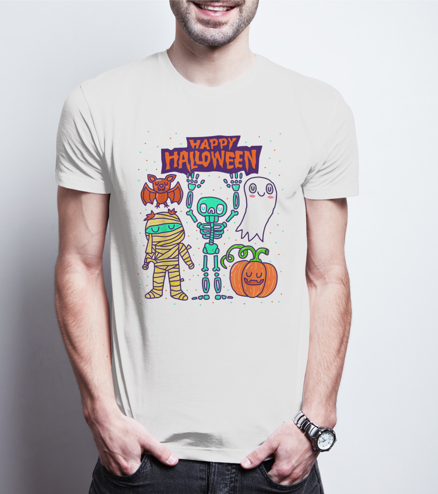 Happy Halloween Skeleton Ghost Pumpkin Mummy Bat T-Shirt