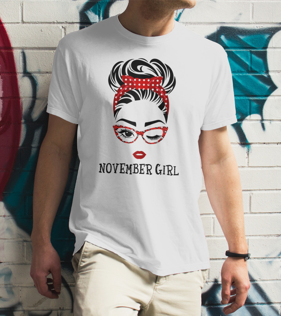 November Girl Wink Eye Woman Face Wink Eyes Lady Birthday Red Polka Dot Glasses T-Shirt