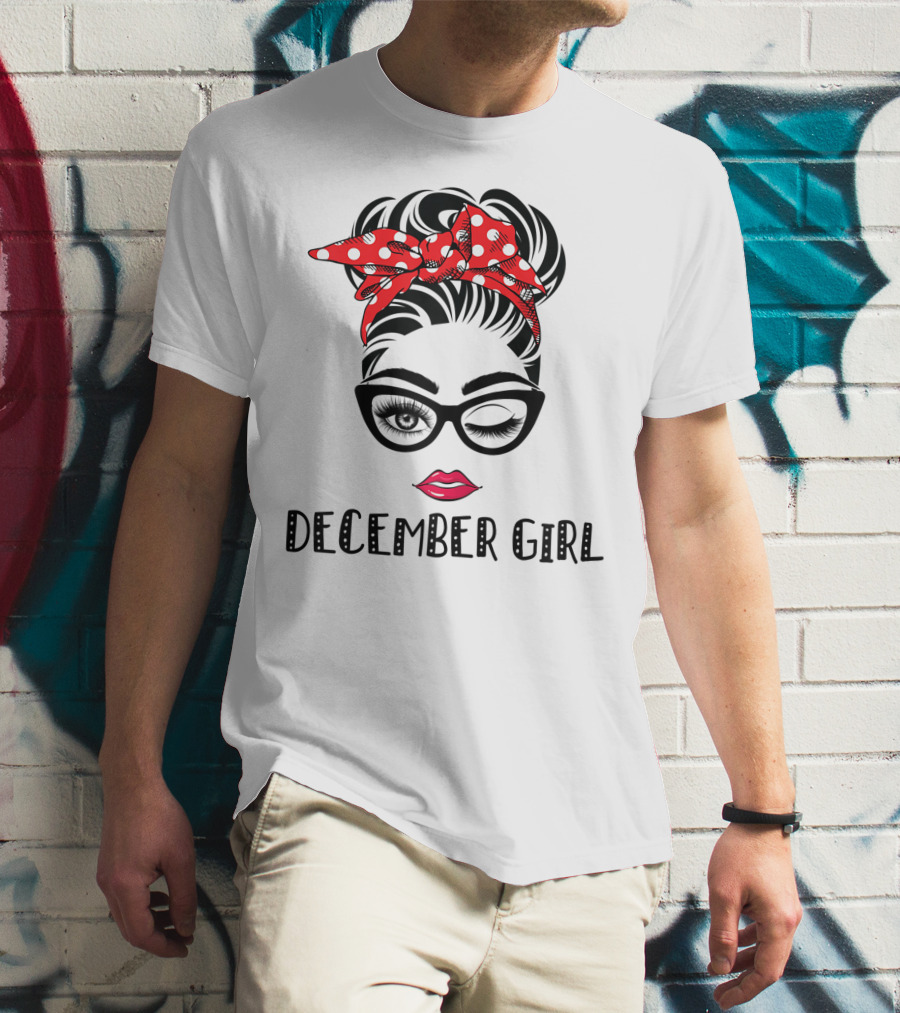 December Girl Woman Face Wink Eyes Lady Face Birthday Red Polka Dot Headband T-Shirt
