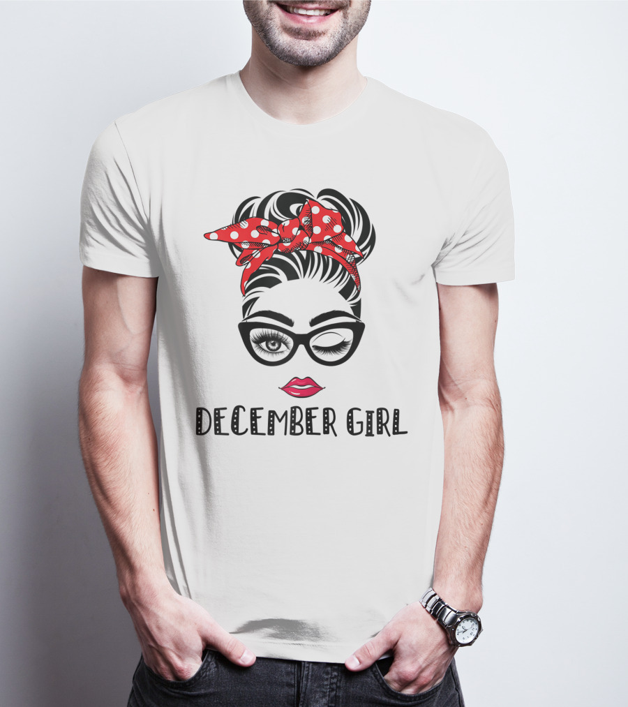 December Girl Woman Face Wink Eyes Lady Face Birthday Red Polka Dot Headband T-Shirt