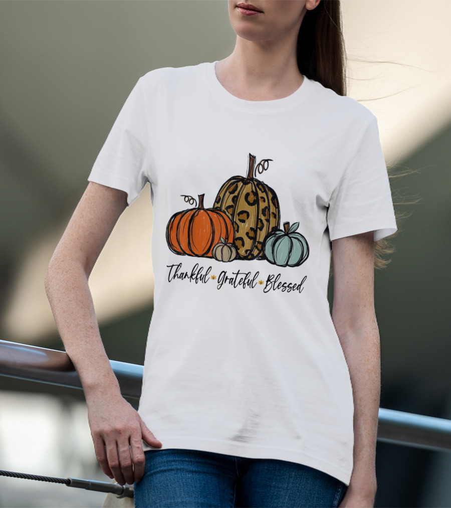 Thankful Grateful Blessed Leopard Print Pumpkin Thanksgiving Day T-Shirt