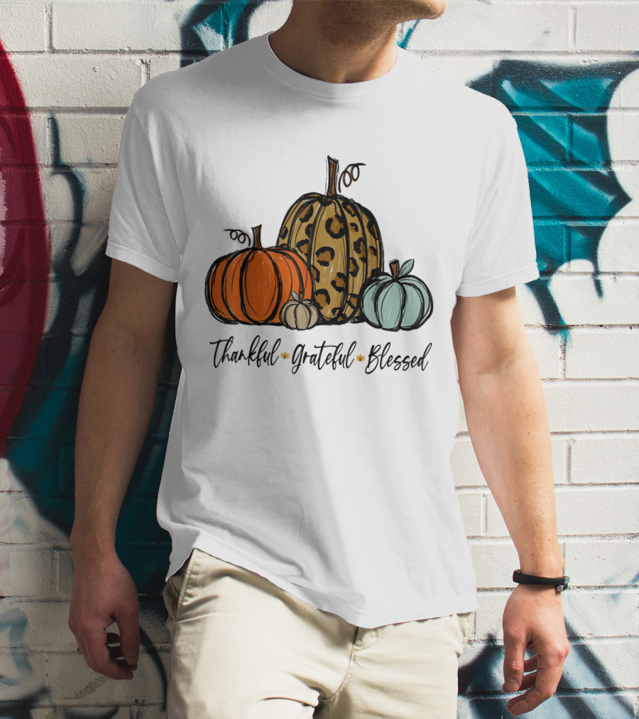 Thankful Grateful Blessed Leopard Print Pumpkin Thanksgiving Day T-Shirt