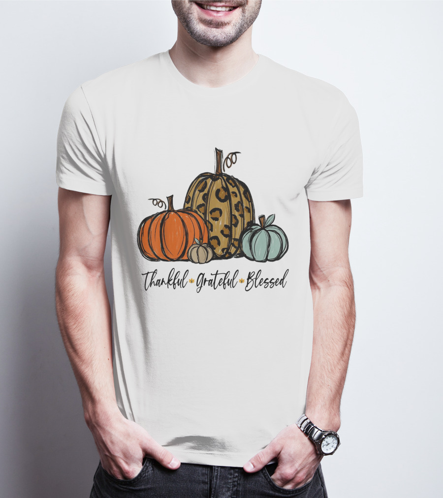 Thankful Grateful Blessed Leopard Print Pumpkin Thanksgiving Day T-Shirt