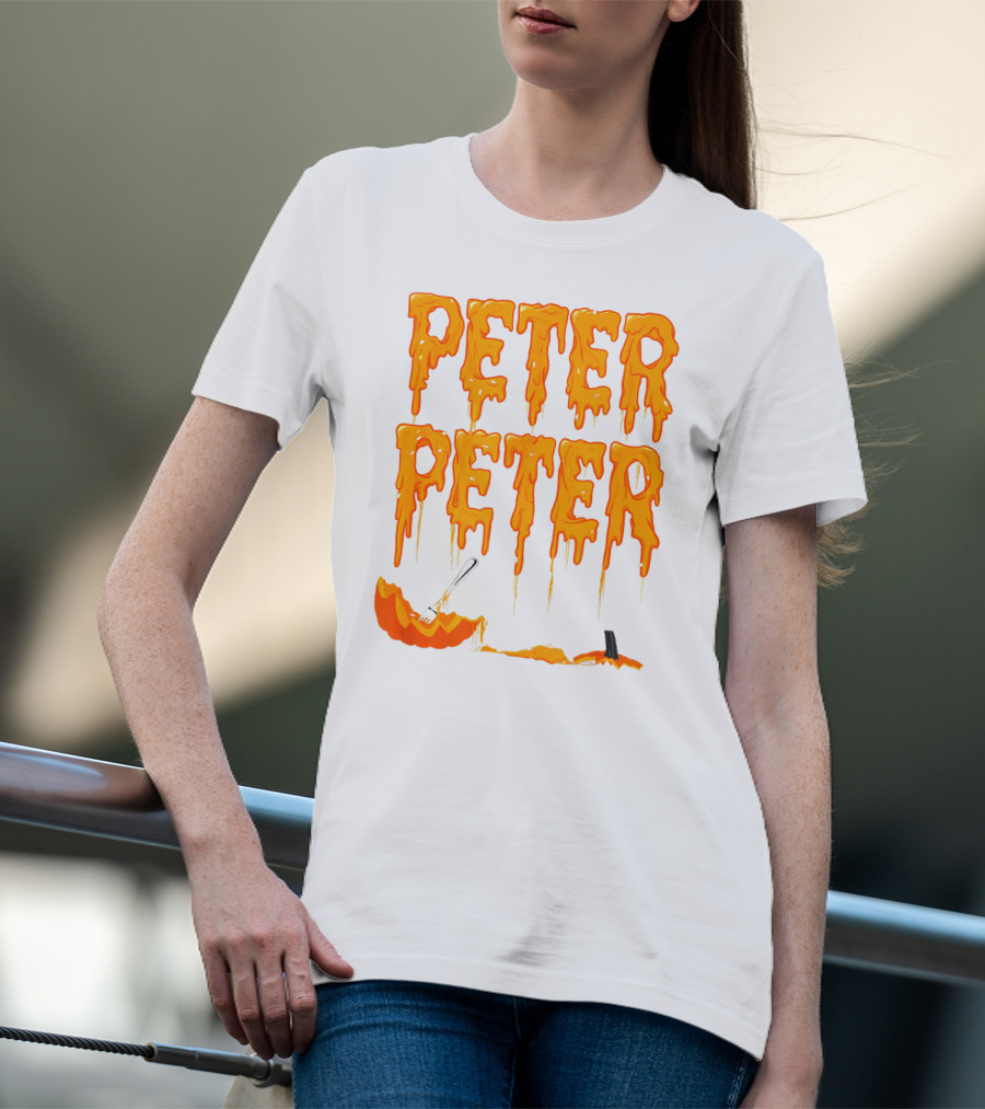 Peter Peter Pumpkin Eater Dripping Orange Text With Fork In Pumpkin T-Shirt