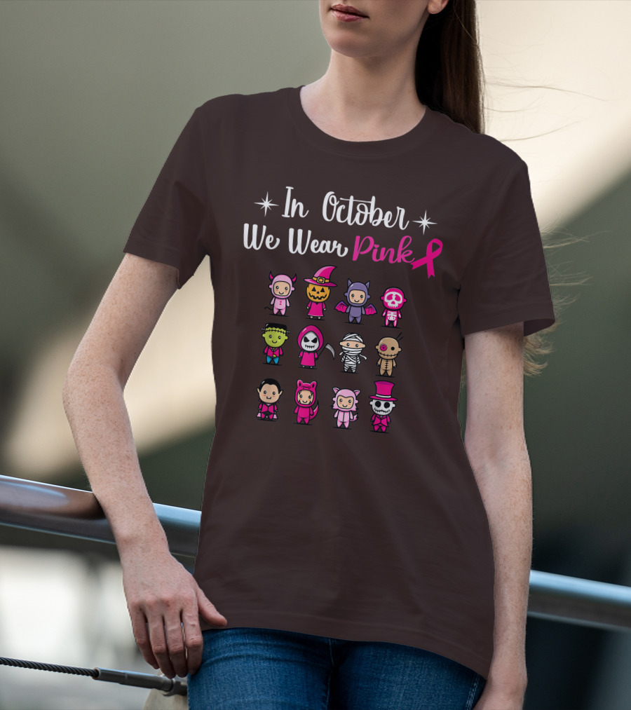 In October We Wear Pink Breast Cancer Awareness Halloween Characters T-Shirt