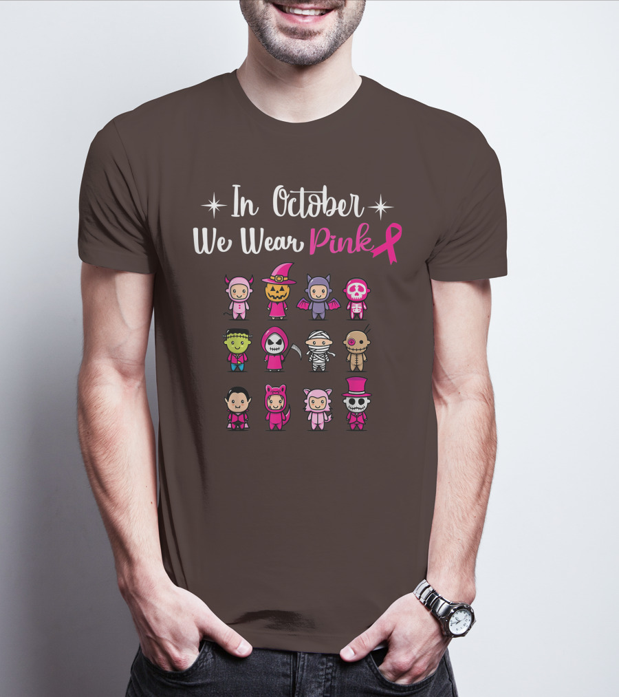 In October We Wear Pink Breast Cancer Awareness Halloween Characters T-Shirt