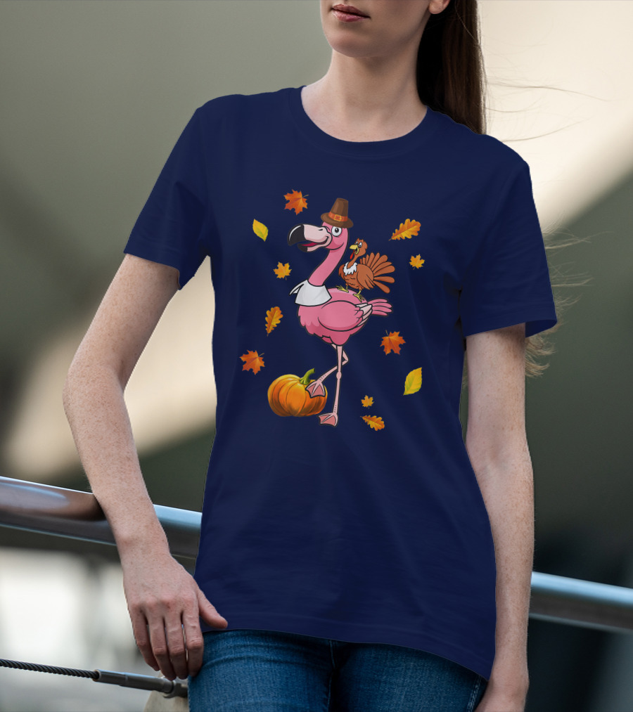 Thanksgiving Flamingo Pilgrim And Turkey With Autumn Leaves And Pumpkin T-Shirt