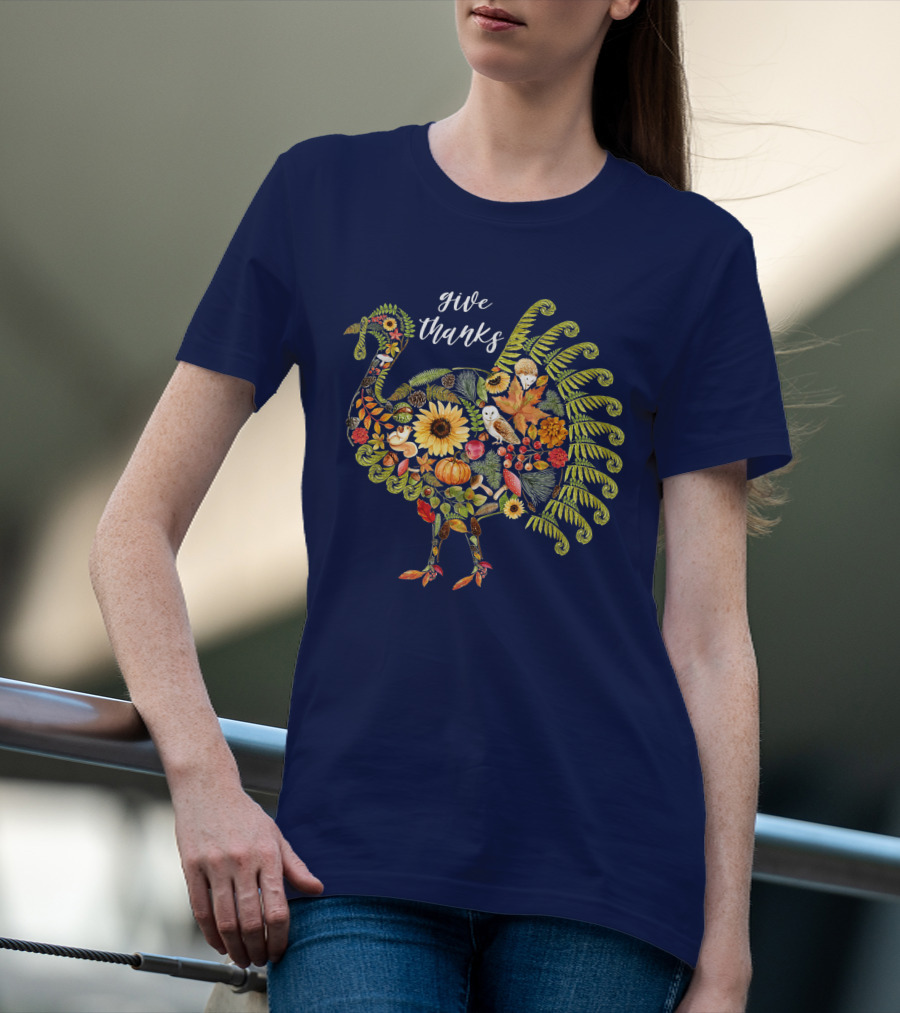 Give Thanks Vintage Autumn Botanical Turkey Thanksgiving T-Shirt