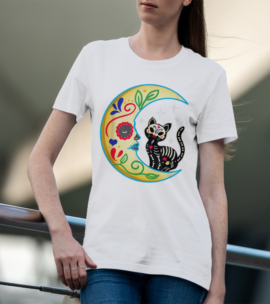 Cat And Moon Sugar Skull Dia De Los Muertos Day Of The Dead Mexican Festival T-Shirt