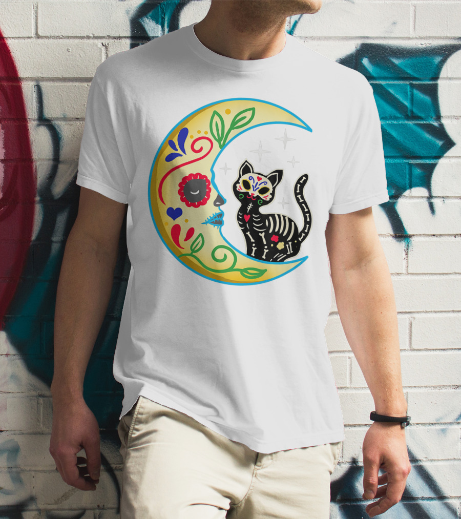 Cat And Moon Sugar Skull Dia De Los Muertos Day Of The Dead Mexican Festival T-Shirt