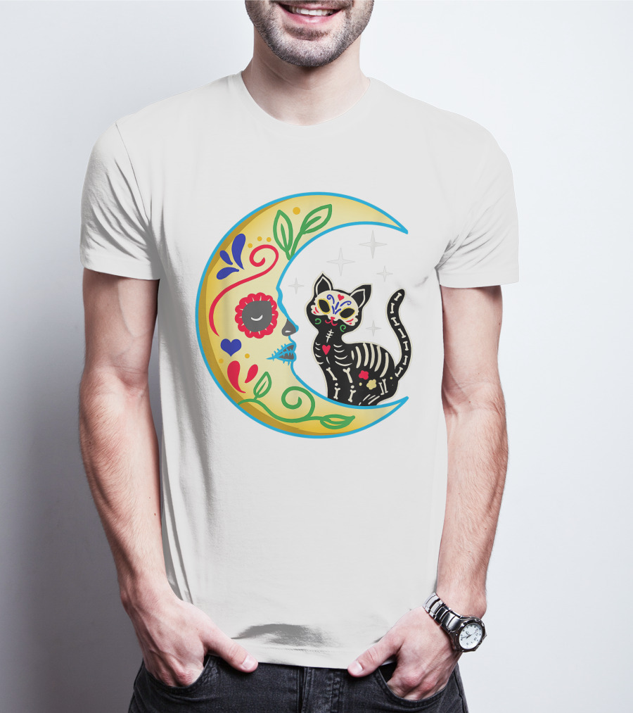 Cat And Moon Sugar Skull Dia De Los Muertos Day Of The Dead Mexican Festival T-Shirt