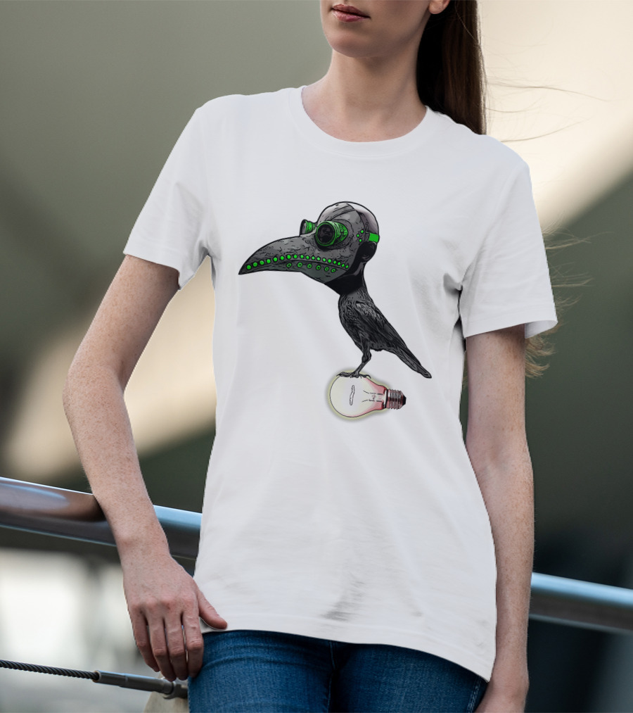 Bird In Plague Doctor Mask Perched On Light Bulb T-Shirt