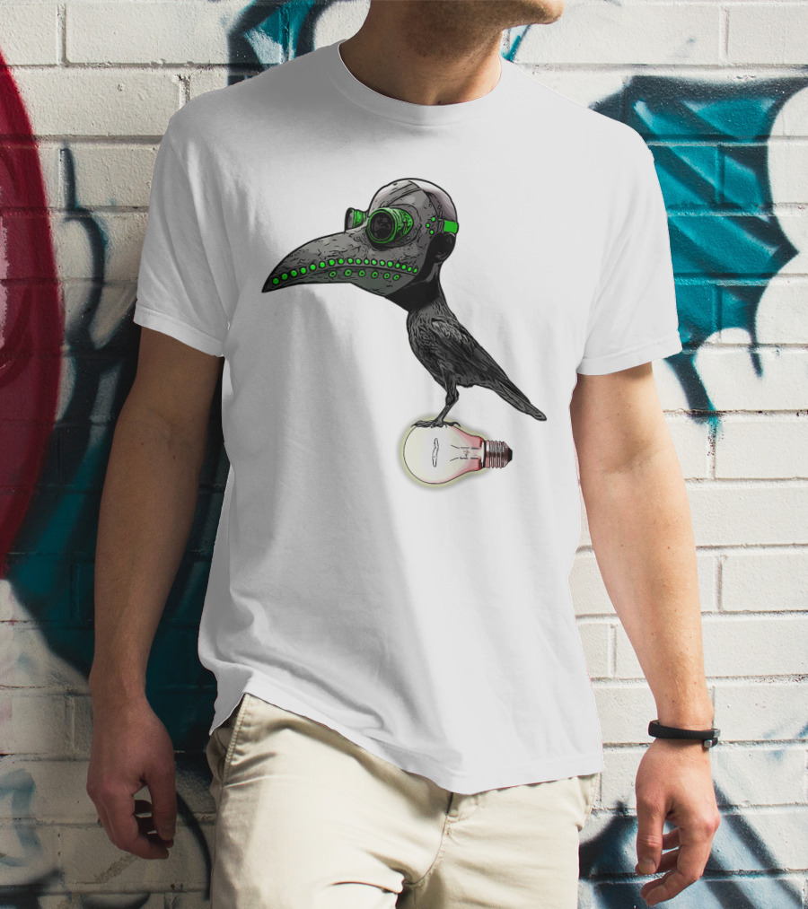 Bird In Plague Doctor Mask Perched On Light Bulb T-Shirt