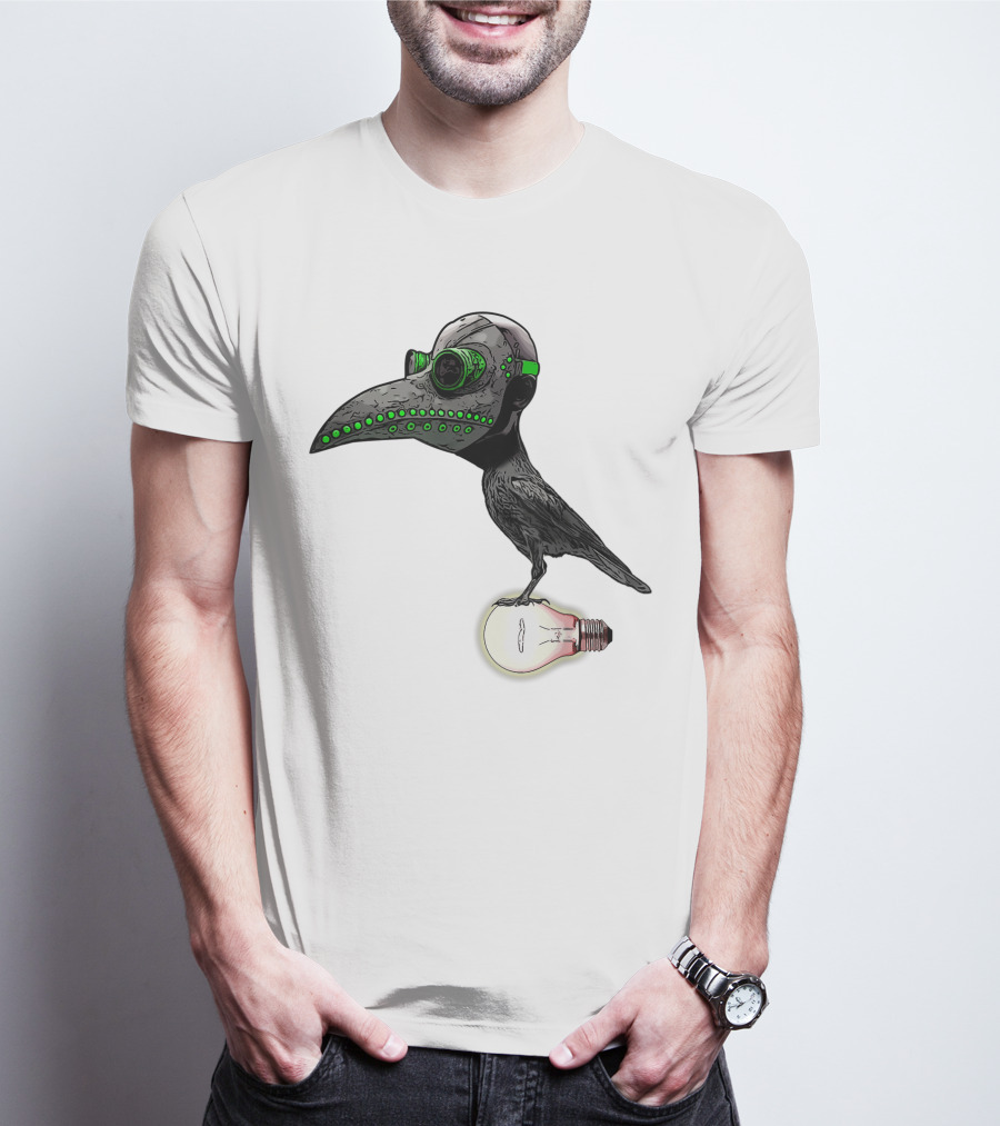 Bird In Plague Doctor Mask Perched On Light Bulb T-Shirt