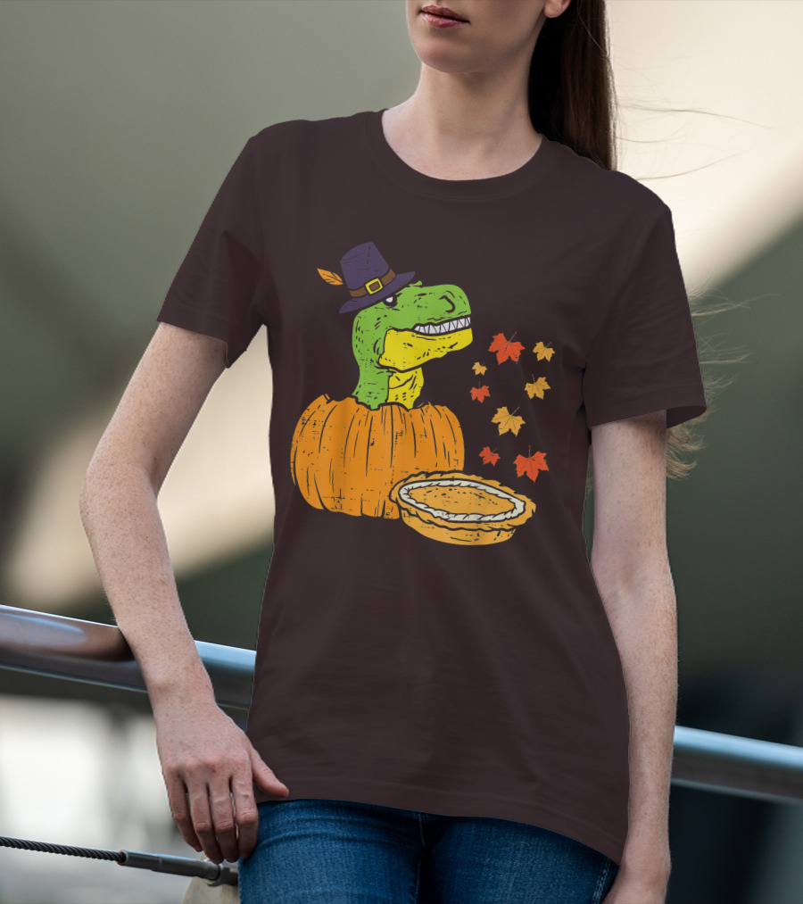 Pilgrim Trex Dinosaur Pumpkin Leaves Pie T-Shirt