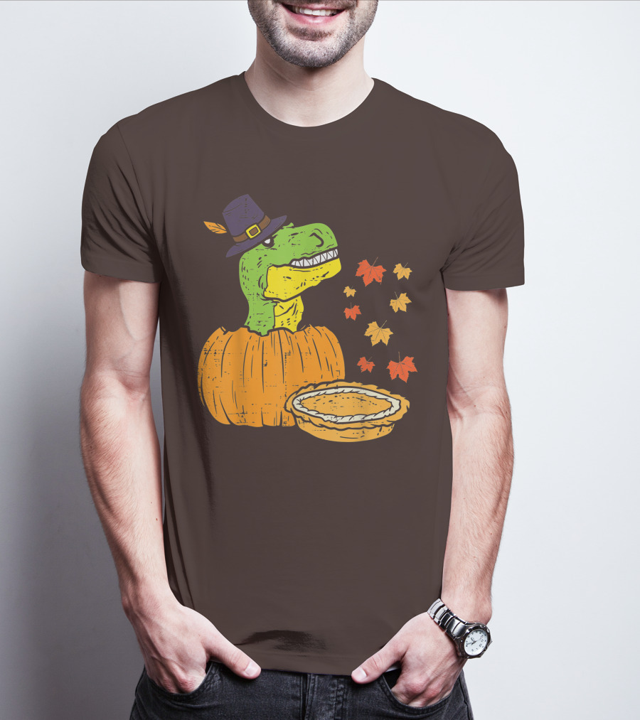 Pilgrim Trex Dinosaur Pumpkin Leaves Pie T-Shirt