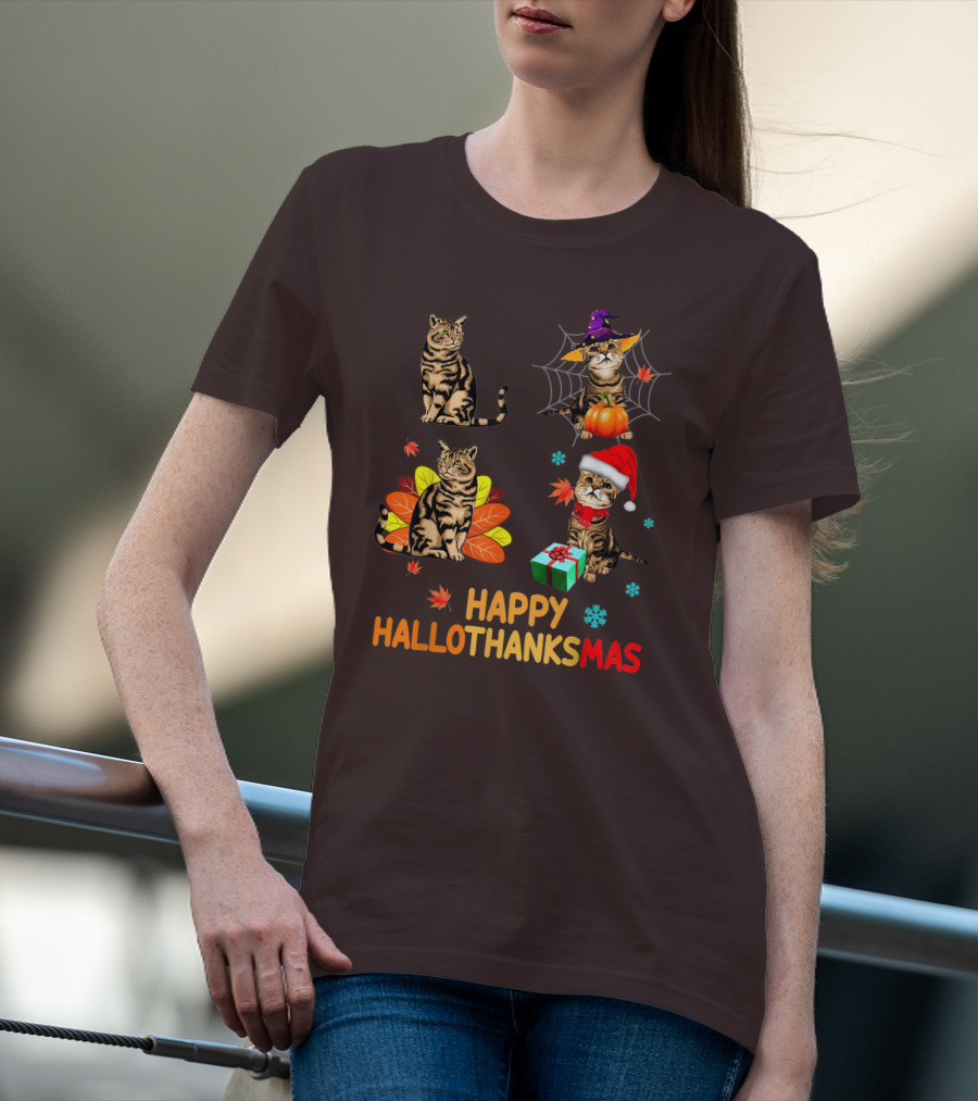 Happy Hallothanksmas Cats With Pumpkin, Autumn Leaves, Santa Hat, And Gift T-Shirt