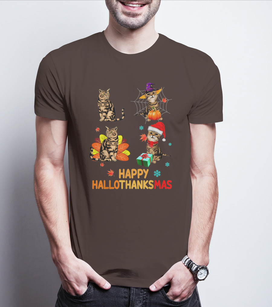 Happy Hallothanksmas Cats With Pumpkin, Autumn Leaves, Santa Hat, And Gift T-Shirt