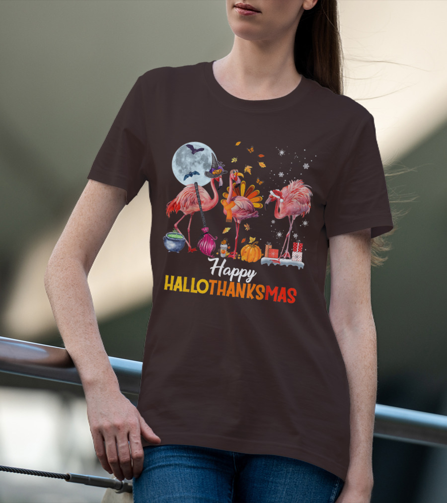 Happy Hallothanksmas Flamingo Halloween Merry Christmas T-Shirt