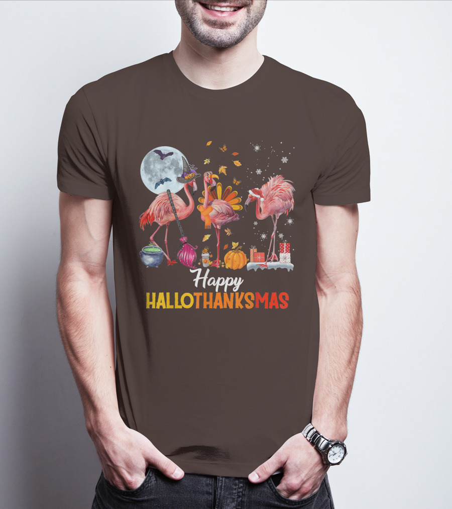 Happy Hallothanksmas Flamingo Halloween Merry Christmas T-Shirt