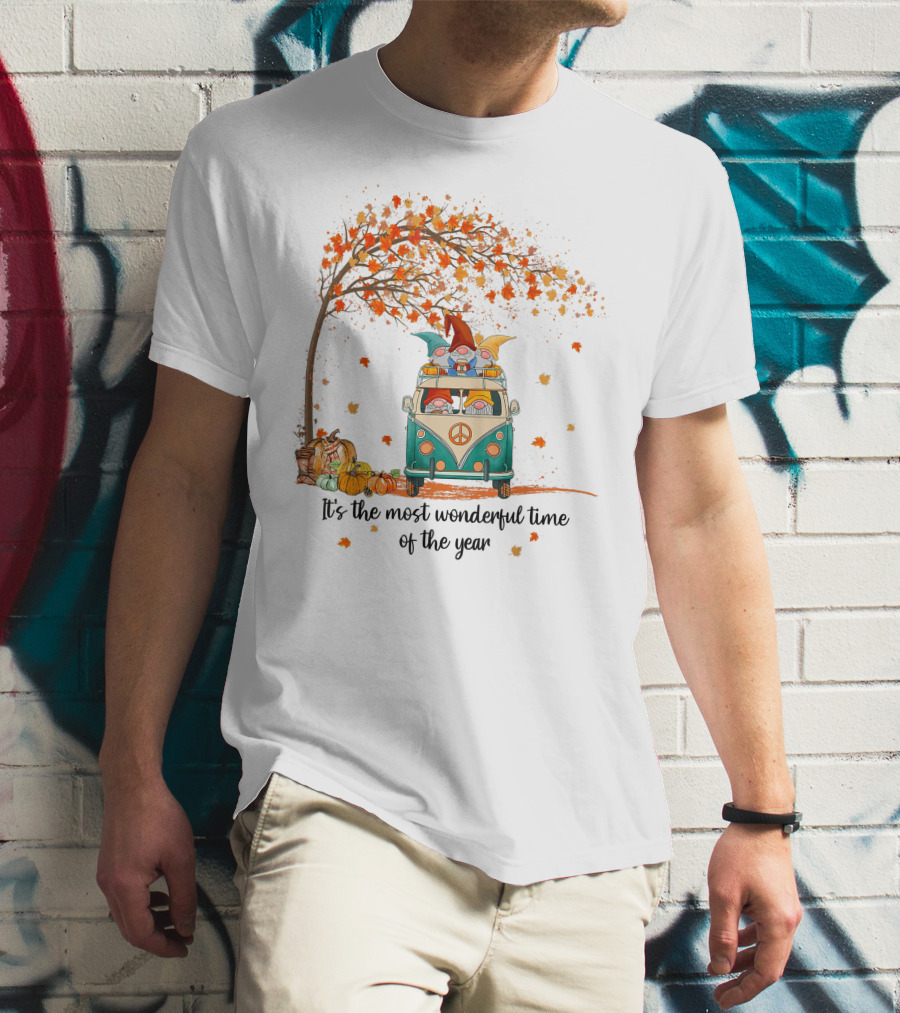 It's The Most Wonderful Time Of The Year Gnomes Autumn Fall In A Van With Pumpkins And Leaves T-Shirt