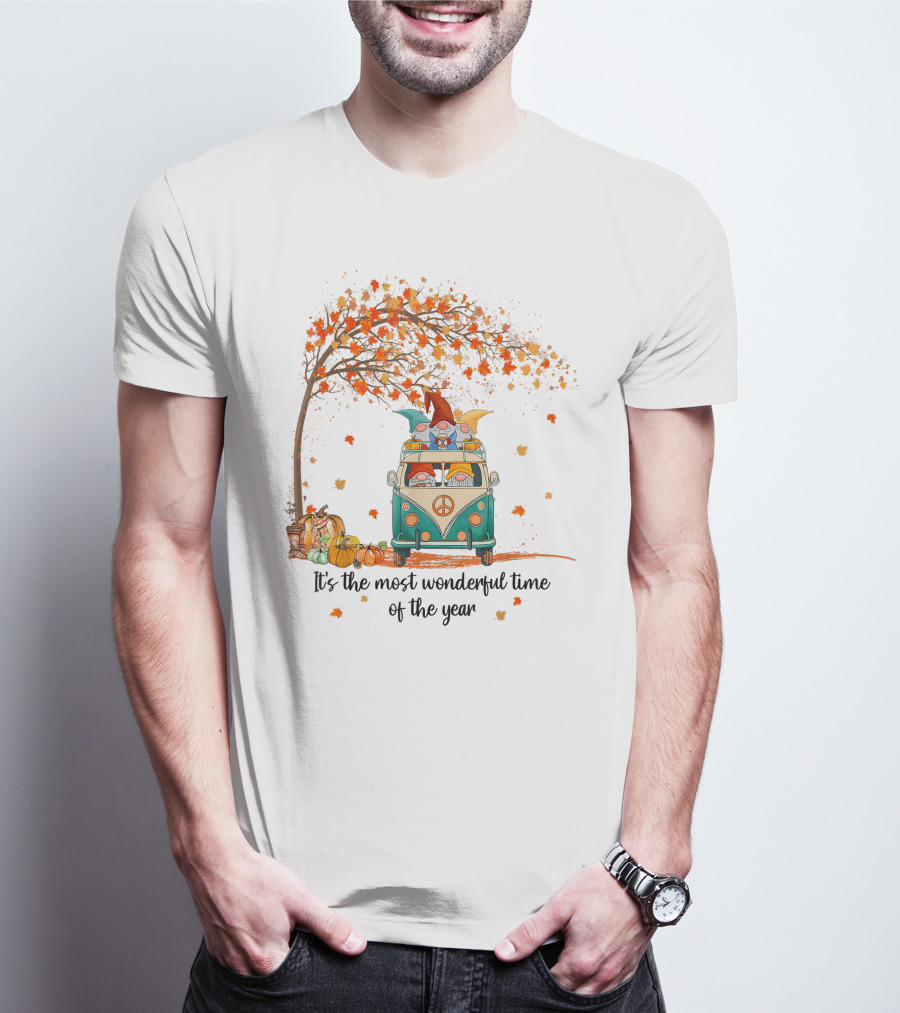 It's The Most Wonderful Time Of The Year Gnomes Autumn Fall In A Van With Pumpkins And Leaves T-Shirt