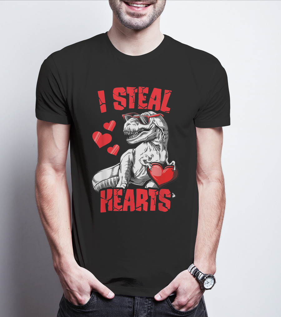 Valentines Day Kids Dinosaur T-Rex Lover I Steal Hearts T-Shirt
