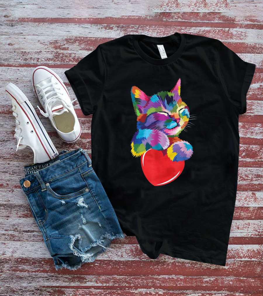 Colorful Cat Hugging Red Heart Cat Lover T-Shirt