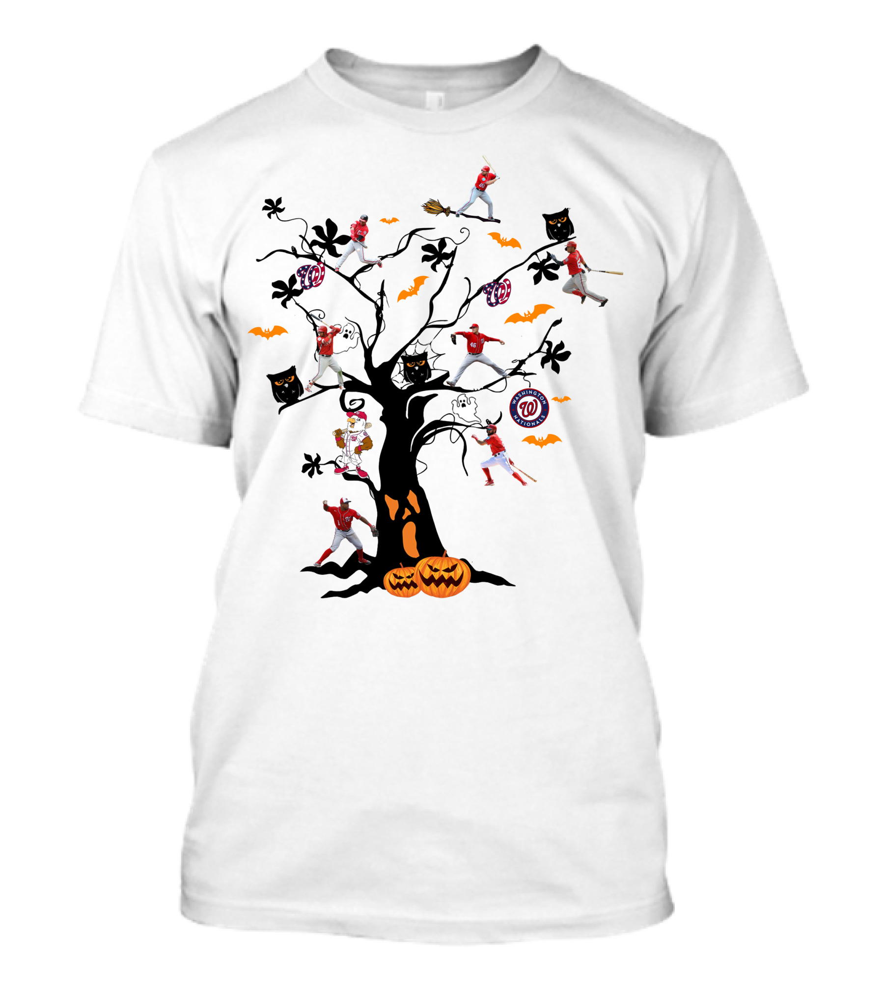 Washington Nationals Halloween Baseball Spooky Tree With Pumpkins And Bats T-Shirt