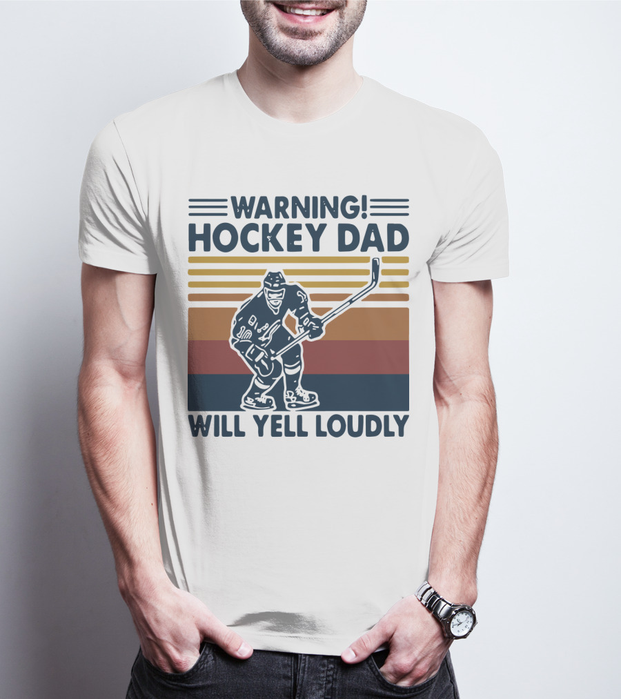 WARNING HOCKEY DAD WILL YELL LOUDLY Vintage Striped Hockey Player T-Shirt