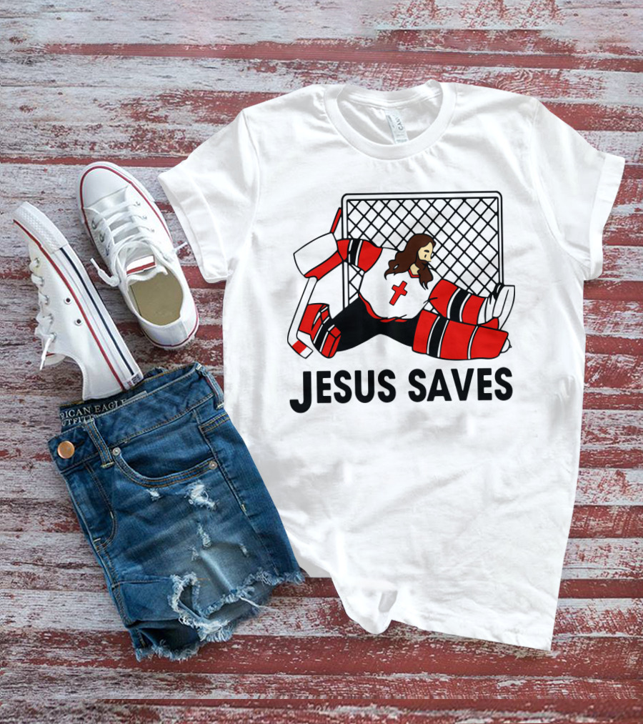 Hockey Jesus Saves Goalkeeper With Cross Motif In Action T-Shirt