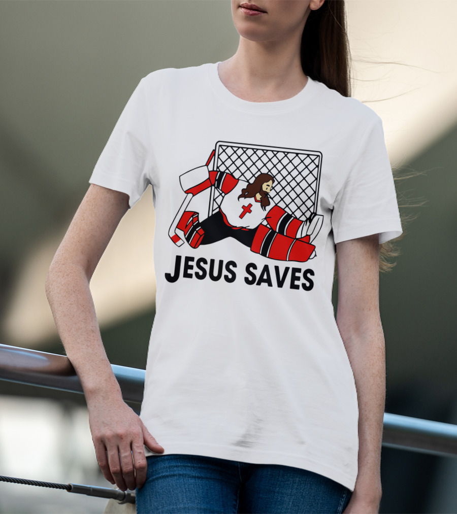 Hockey Jesus Saves Goalkeeper With Cross Motif In Action T-Shirt