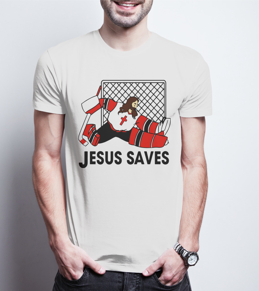 Hockey Jesus Saves Goalkeeper With Cross Motif In Action T-Shirt