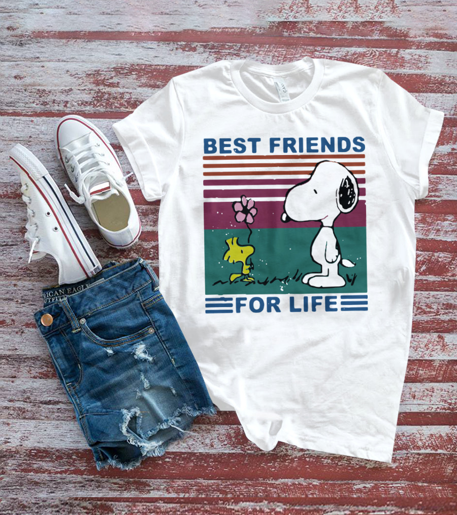Best Friends For Life Snoopy Woodstock Vintage Retro Stripes T-Shirt