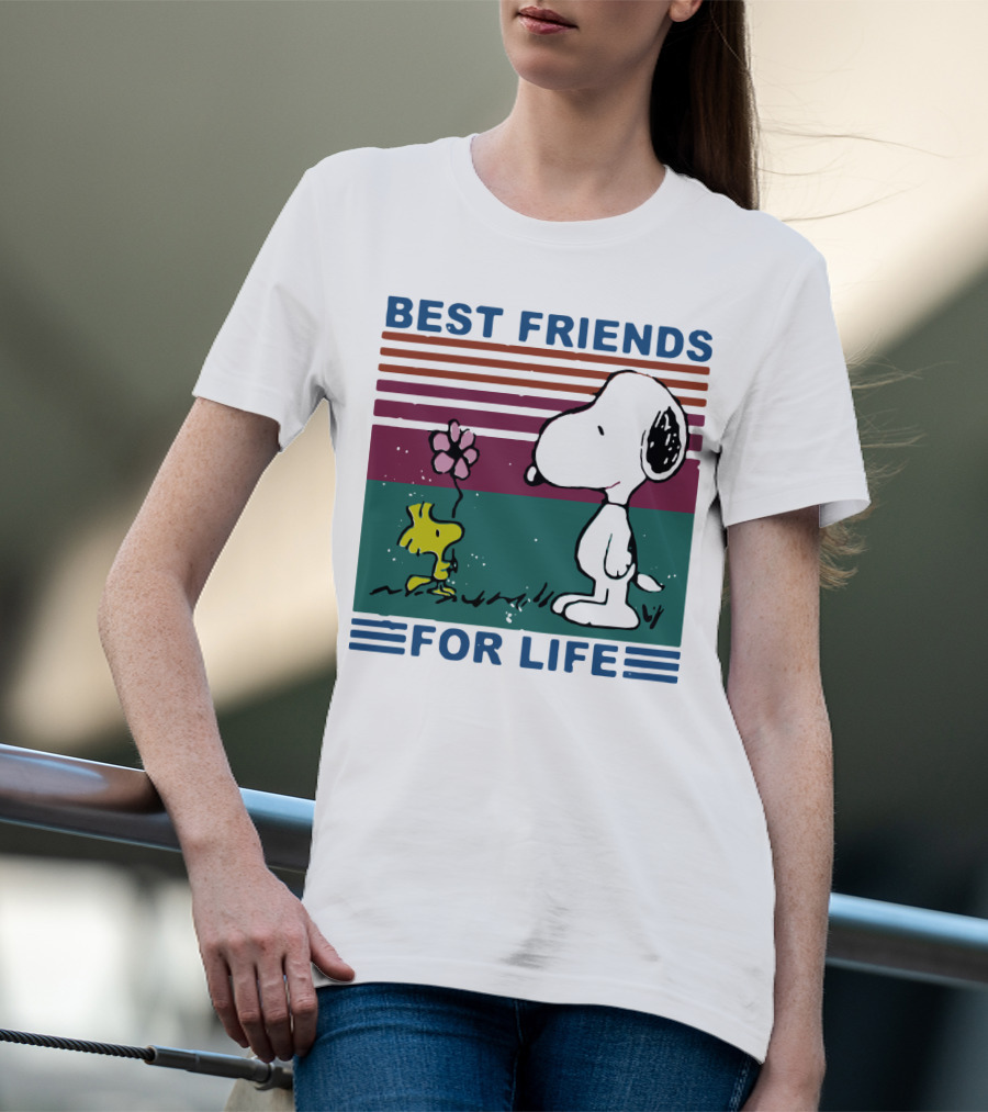 Best Friends For Life Snoopy Woodstock Vintage Retro Stripes T-Shirt