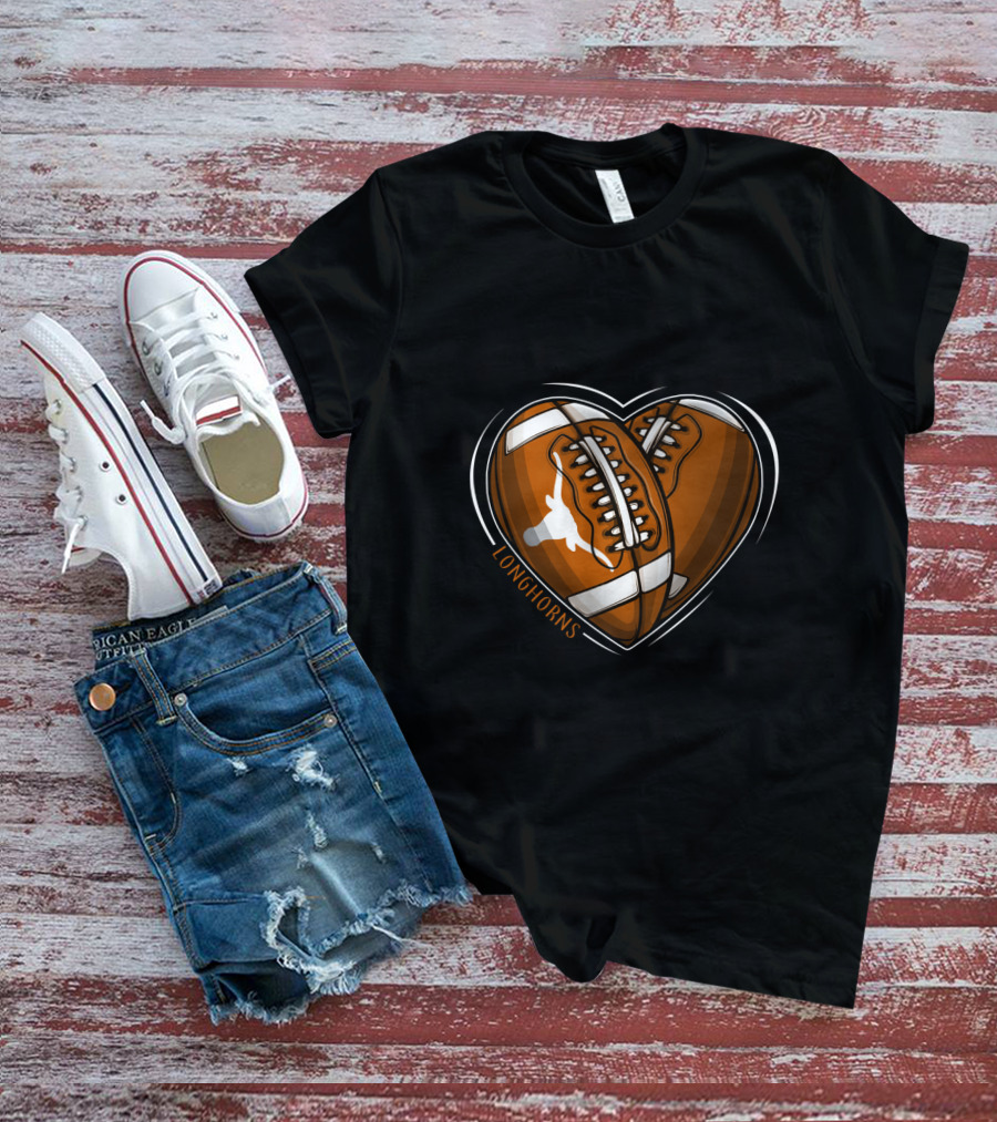 Longhorns Heart-Shaped Football Design Texas Longhorns NCAA T-Shirt