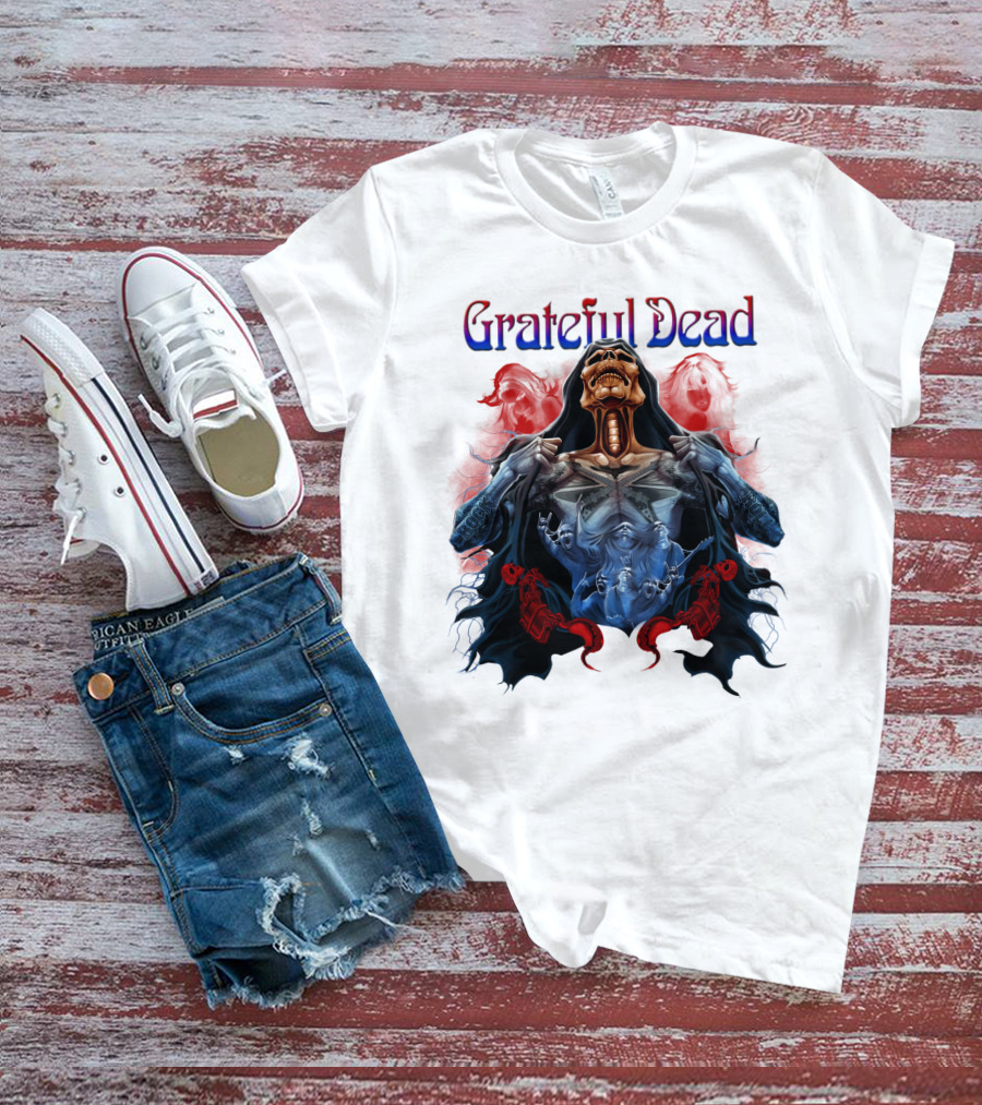 Grateful Dead Skeleton Artwork With Red And Blue T-Shirt