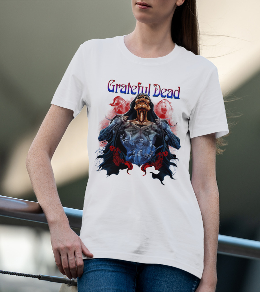 Grateful Dead Skeleton Artwork With Red And Blue T-Shirt