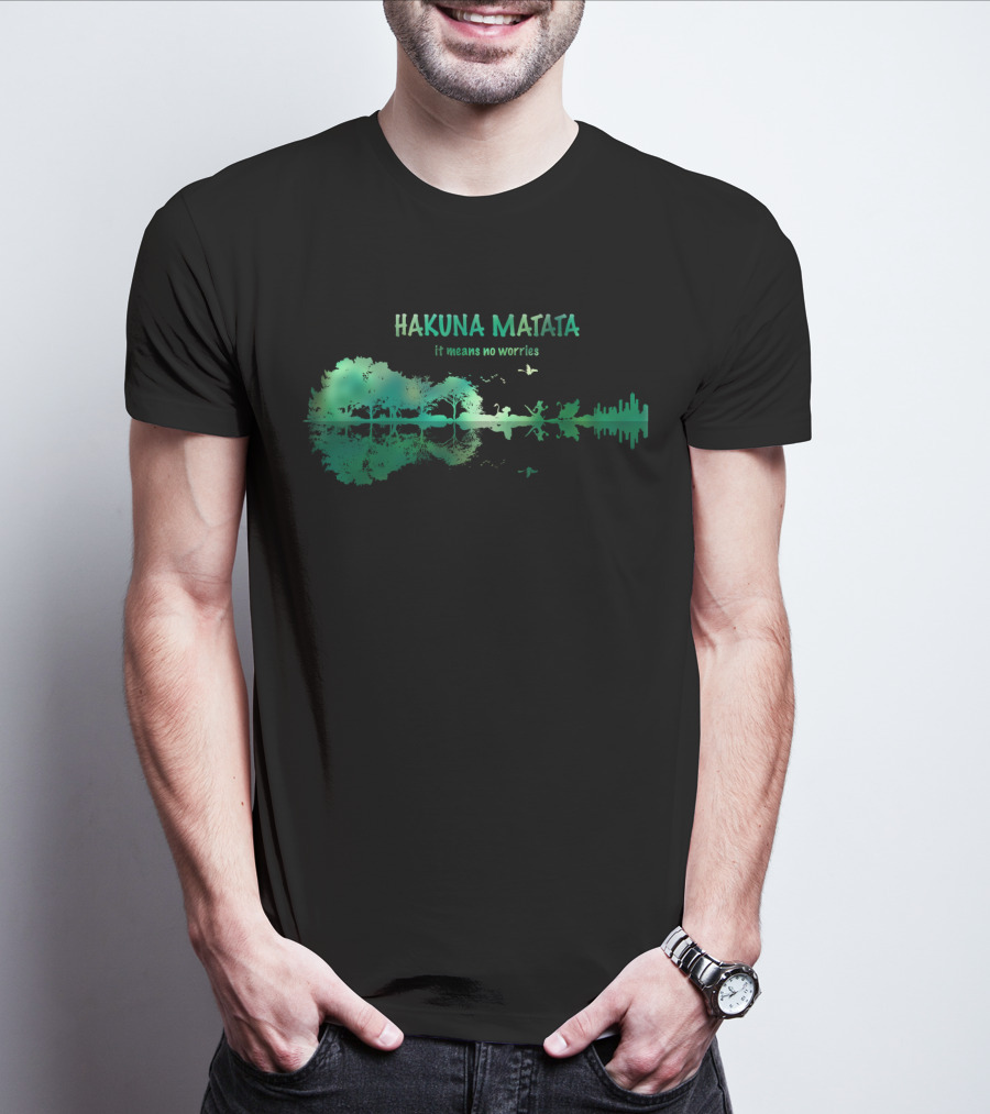 Hakuna Matata It Means No Worries Green Nature Silhouette With Wildlife Reflections T-Shirt
