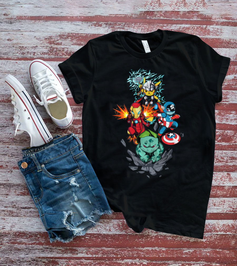 Avengers Pokemon Crossover Pikachu Thor Iron Man Bulbasaur Captain America T-Shirt
