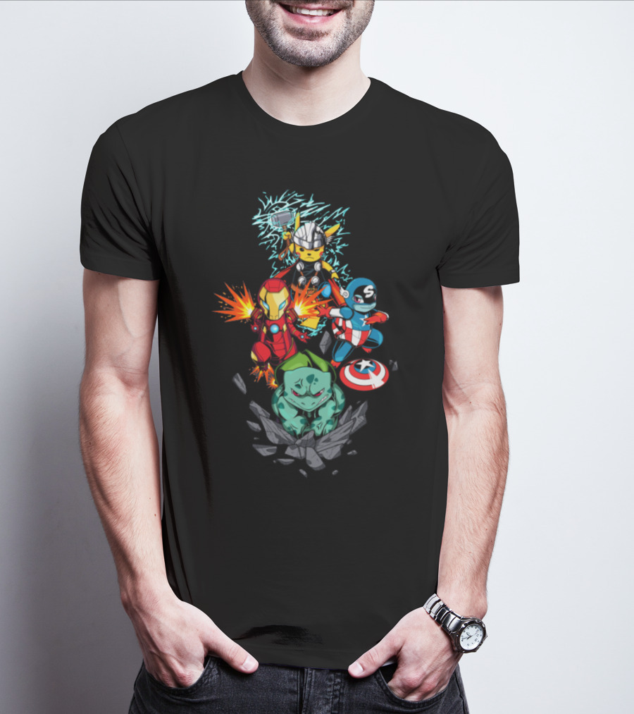 Avengers Pokemon Crossover Pikachu Thor Iron Man Bulbasaur Captain America T-Shirt