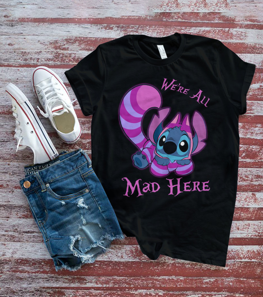 Stitch And Cheshire Cat We're All Mad Here Crossover T-Shirt